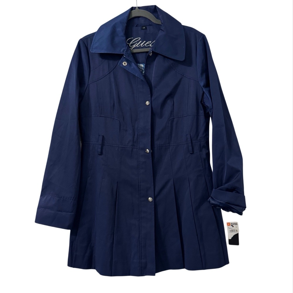 GUESS Trench Coat Womens L Navy Blue Pleated Chic Elegant Academia Feminine